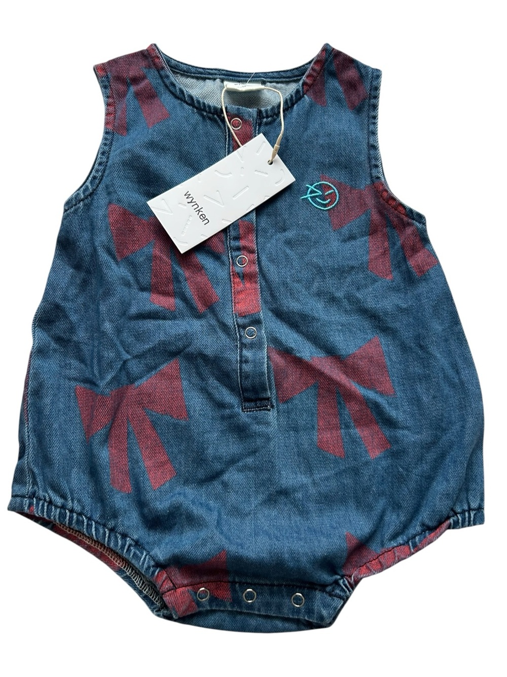 Wynken Baby Girl Denim Bow-Print Baby Romper NWT 100%‎ Cotton 6-12 Months